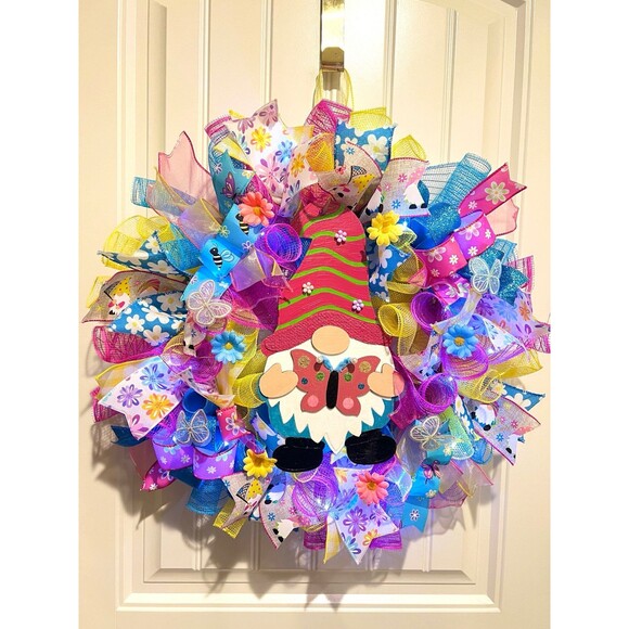 SOLD - Handmade Spring/ Summer Daisy Butterfly Gnome Prelit Ribbon Wreath 22 in - Picture 11 of 11